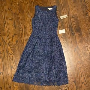 Tahari navy and silver lace midi dress NWT